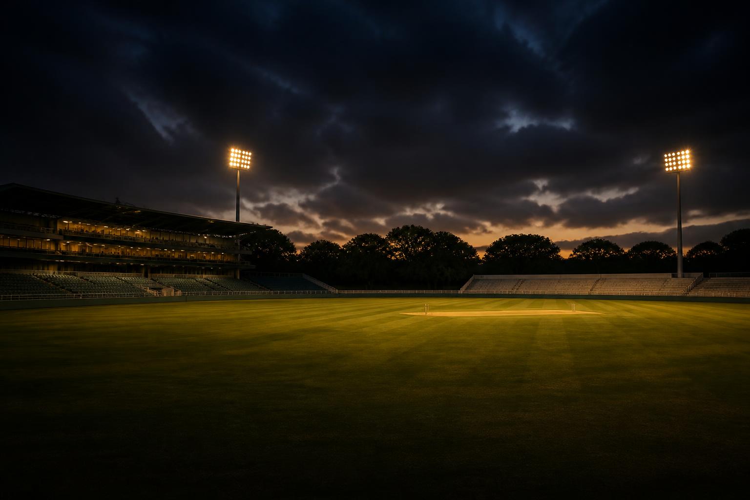Floodlit football stadium at night